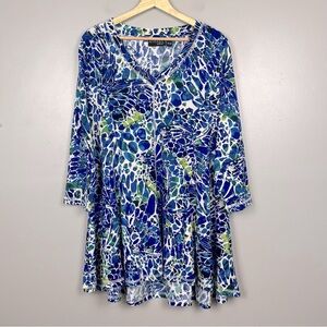 Attitudes by Renee blue abstract butterfly print 3/4 sleeve tunic top, XL.